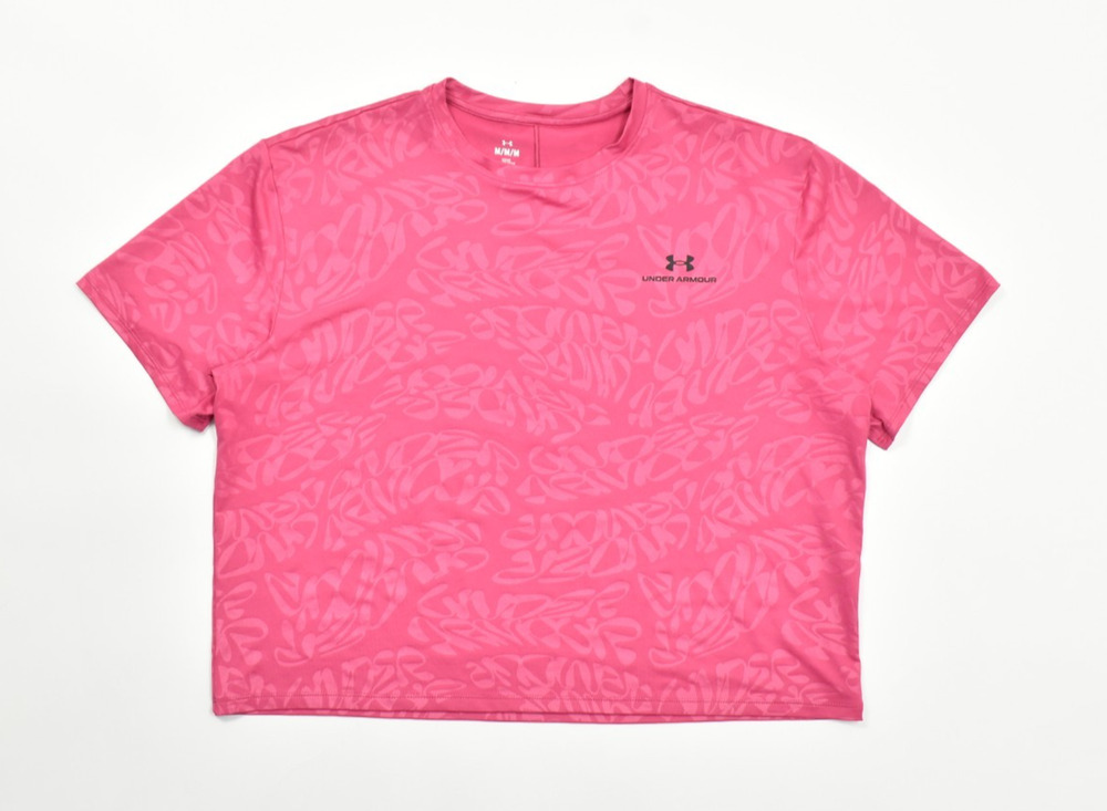 Under Armour RUSH Women's Size Medium Pink Script Print Crop Athletic Tee Short